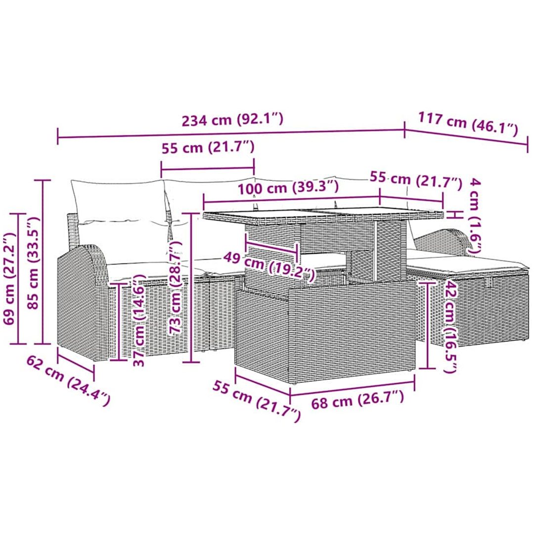 6-delars trädgårdsoffaset med kuddar ljusgrå poly rattan vidaXL 100 x 55 x 73 cm – bild 12