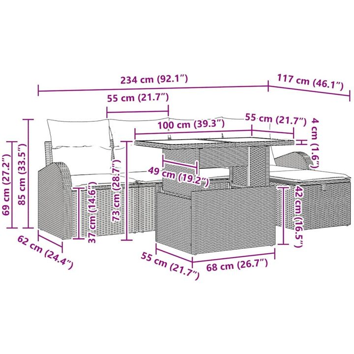 6-delars trädgårdsoffaset med kuddar ljusgrå poly rattan vidaXL 100 x 55 x 73 cm – bild 12