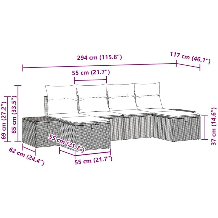 6-delars trädgårdsoffaset med kuddar - Svart konstrotting vidaXL 55 x 62 x 69 cm – bild 12