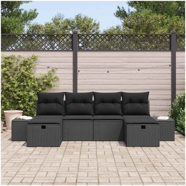 6-delars trädgårdsoffaset med kuddar - Svart konstrotting vidaXL 55 x 62 x 69 cm – bild 3