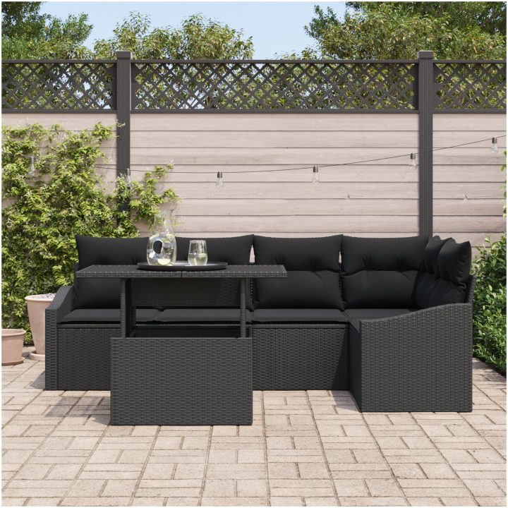 6-delars trädgårdsoffaset med kuddar, svart poly rattan vidaXL 100 x 55 x 73 cm – bild 3