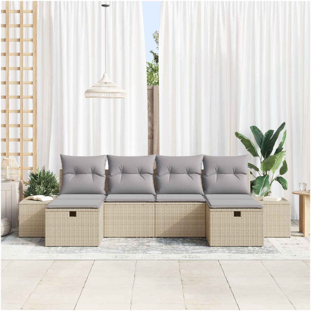 6-delars trädgårdsoffasett med beige polyrotting och kuddar vidaXL 294 x 117 x 85 cm – bild 3