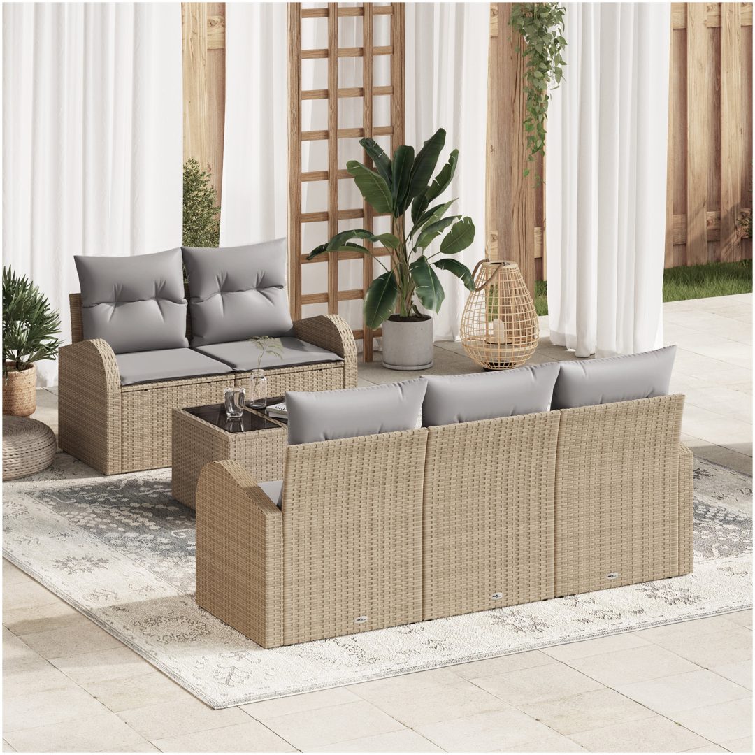 6 Delars Trädgårdsoffasett med Kuddar Beige Poly Rattan vidaXL 55 x 55 x 37 cm