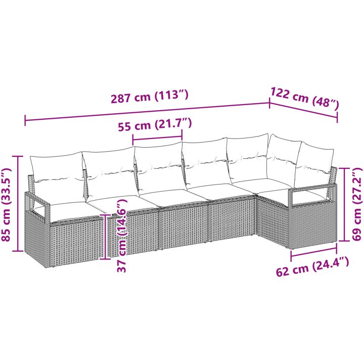 6-delars trädgårdsoffasett med kuddar Grå Poly Rattan vidaXL Stor – bild 8
