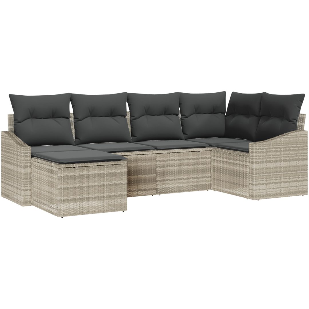 6-delars trädgårdsoffasett med kuddar ljusgrå poly rattan vidaXL 288.5 x 123.5 x 85 cm – bild 2