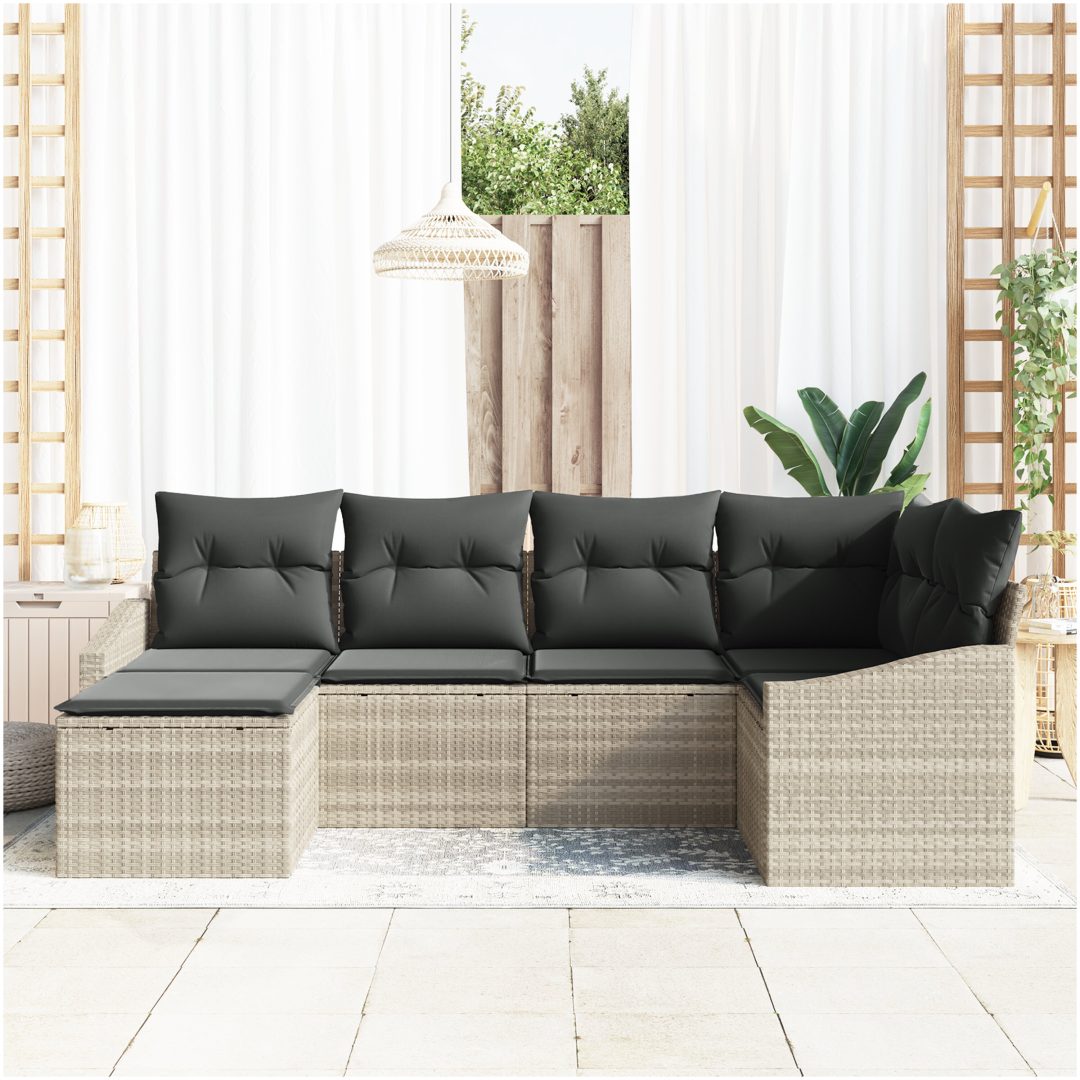 6-delars trädgårdsoffasett med kuddar ljusgrå poly rattan vidaXL 288.5 x 123.5 x 85 cm – bild 3