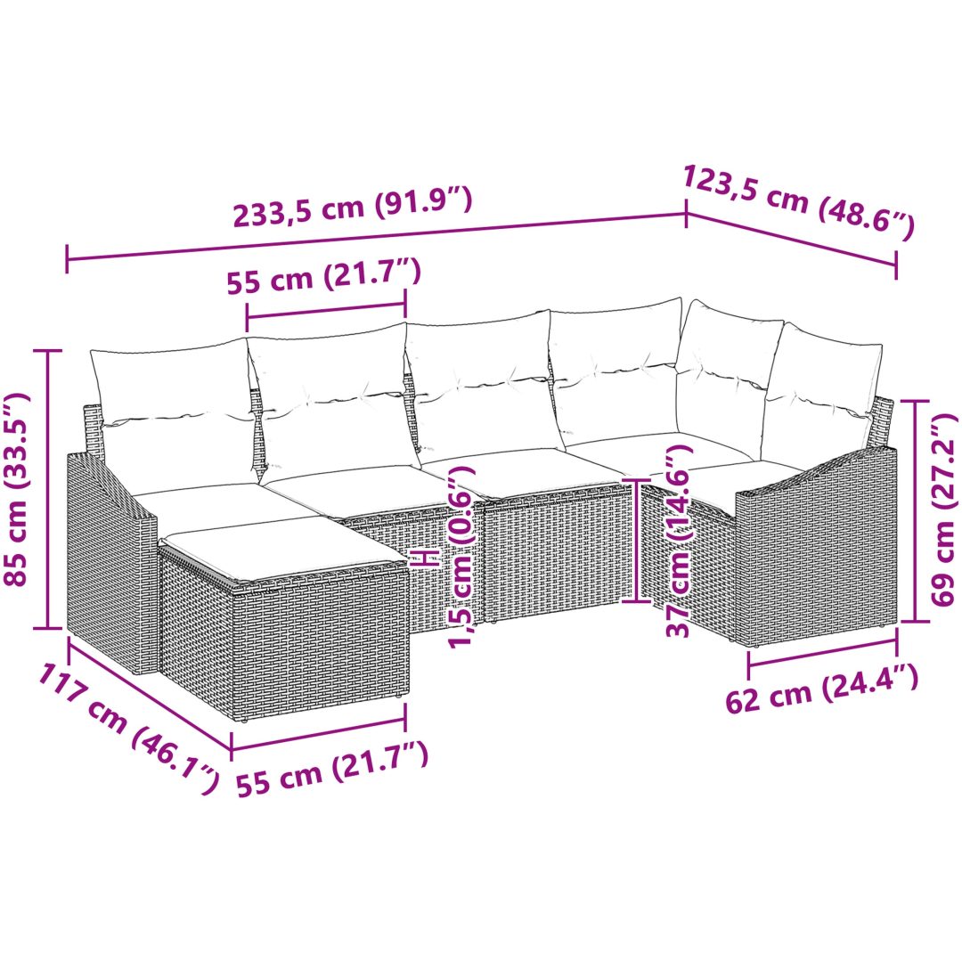 6-delars trädgårdsoffasett med kuddar ljusgrå poly rattan vidaXL 288.5 x 123.5 x 85 cm – bild 9