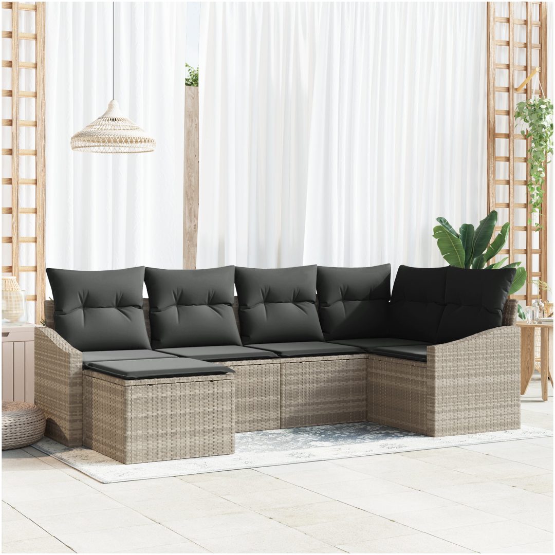 6-delars trädgårdsoffasett med kuddar ljusgrå poly rattan vidaXL 288.5 x 123.5 x 85 cm