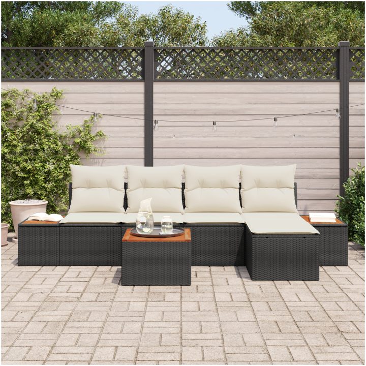 6-delars Trädgårdsoffasett med Kuddar Svart Poly Rattan Akacia vidaXL 55 x 55 x 37 cm – bild 3