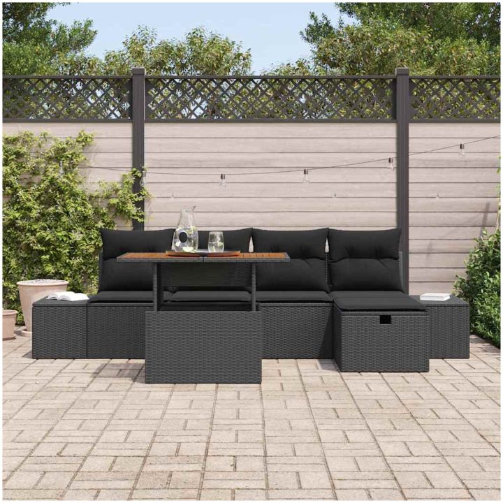 6-delars Trädgårdsoffasett med Kuddar Svart Poly Rattan vidaXL 55 x 55 x 37 cm – bild 3