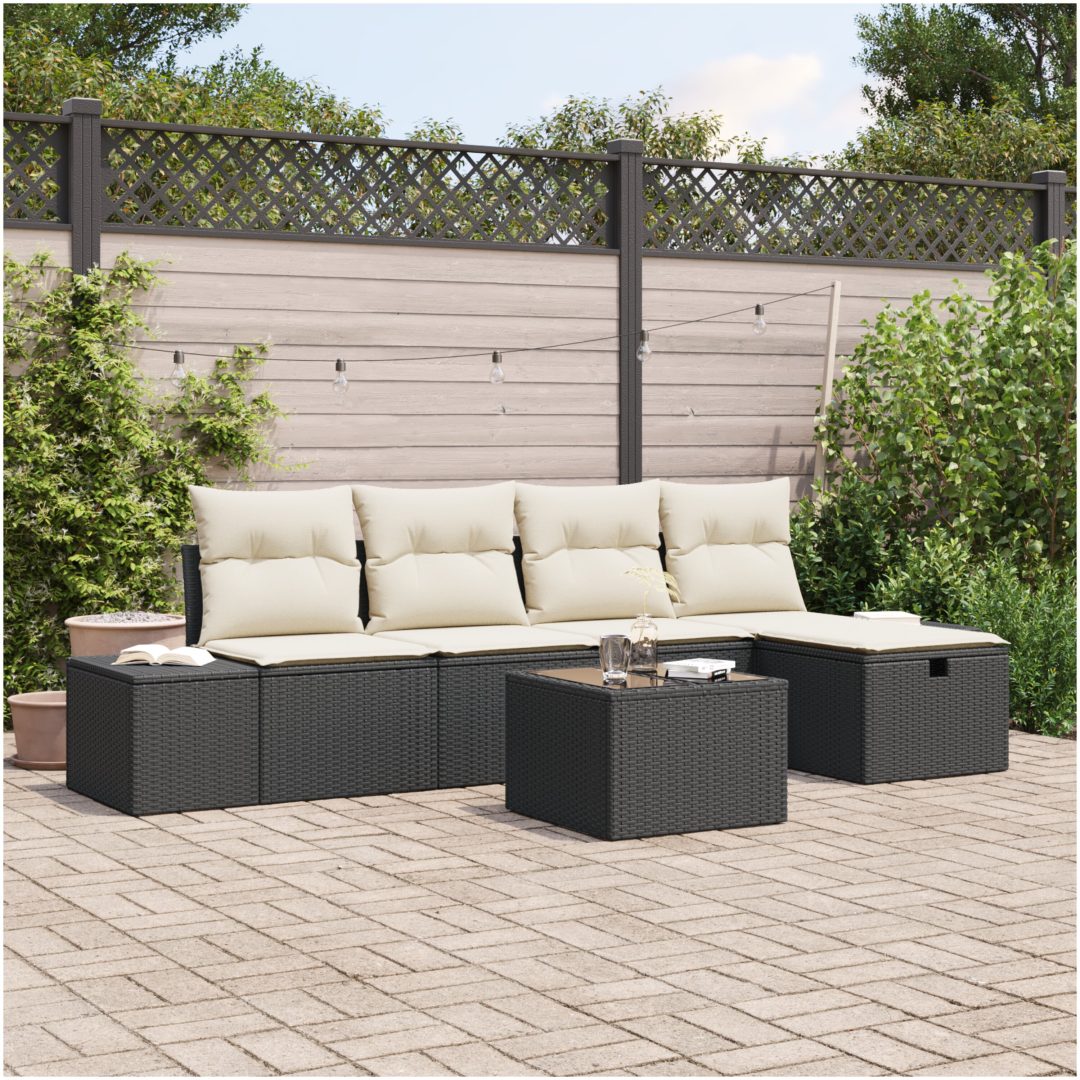 6 Delars Trädgårdsoffgrupp med Dynor Svart Poly Rattan vidaXL 55 x 62 x 69 cm