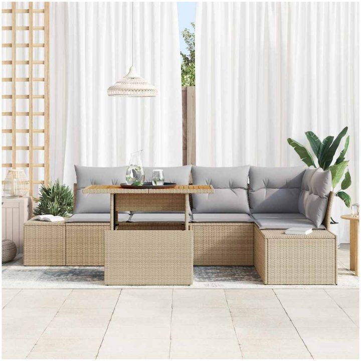 6-delars trädgårdsoffgrupp med kuddar, beige polyrotting vidaXL 100 x 55 x 73 cm – bild 3