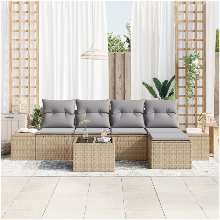 6-delars trädgårdsoffor med kuddar, beige poly rattan vidaXL 55 x 55 x 37 cm – bild 3