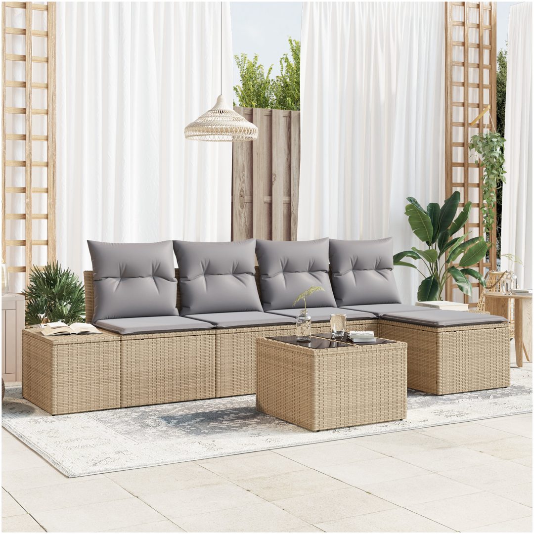 6-delars trädgårdsoffor med kuddar, beige poly rattan vidaXL 55 x 55 x 37 cm