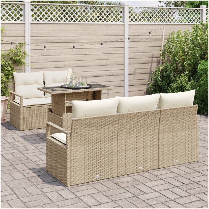6-delars trädgårdsoffor med kuddar beige poly rotting vidaXL Stor – bild 3