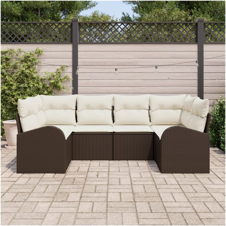 6-delars trädgårdsoffor med kuddar i brun poly-rattan vidaXL Stor – bild 3
