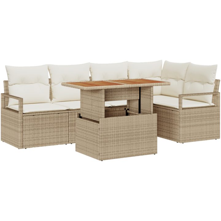 6 Delars Trädgårdsofförsätt med Dynor Beige Poly Rattan Akacia vidaXL Stor – bild 2