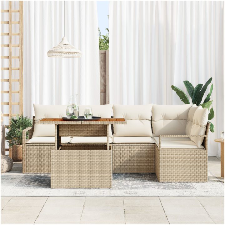 6 Delars Trädgårdsofförsätt med Dynor Beige Poly Rattan Akacia vidaXL Stor – bild 3