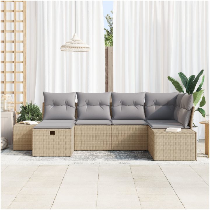 6-delars trädgårdsoffset med beige kuddar i poly rattan vidaXL 264 x 154 x 85 cm – bild 3