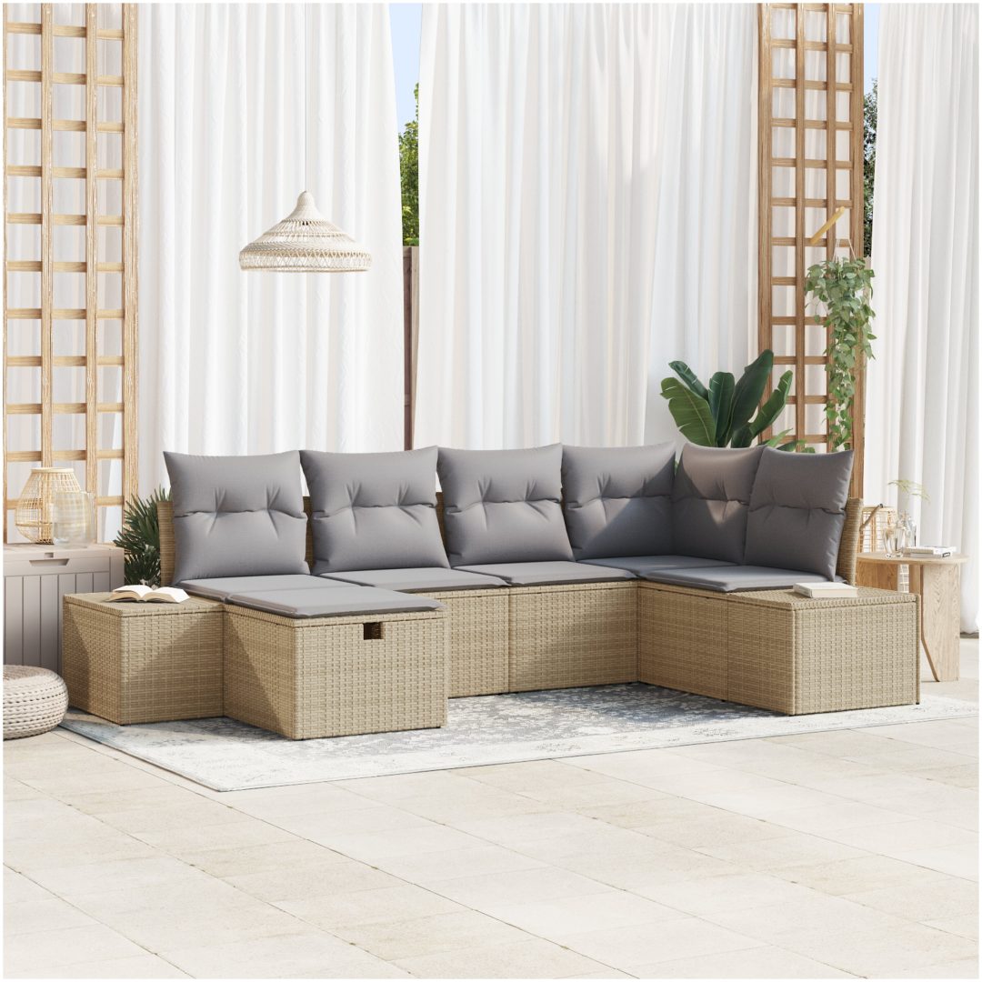 6-delars trädgårdsoffset med beige kuddar i poly rattan vidaXL 264 x 154 x 85 cm