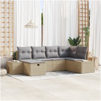 6-delars trädgårdsoffset med beige kuddar i poly rattan vidaXL