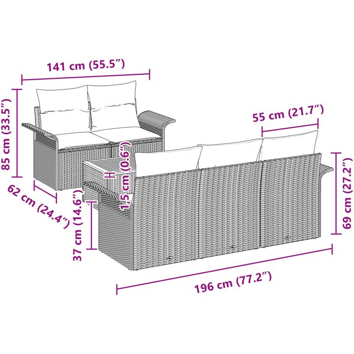 6-delars trädgårdsoffset med dynor Grå Poly Rattan Akacia vidaXL 55 x 55 x 37 cm – bild 8