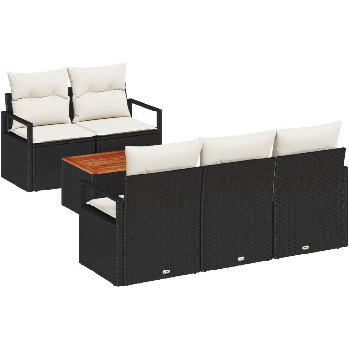 6 Delars Trädgårdsoffset med dynor Svart Poly Rattan Akacia vidaXL Standard – bild 2