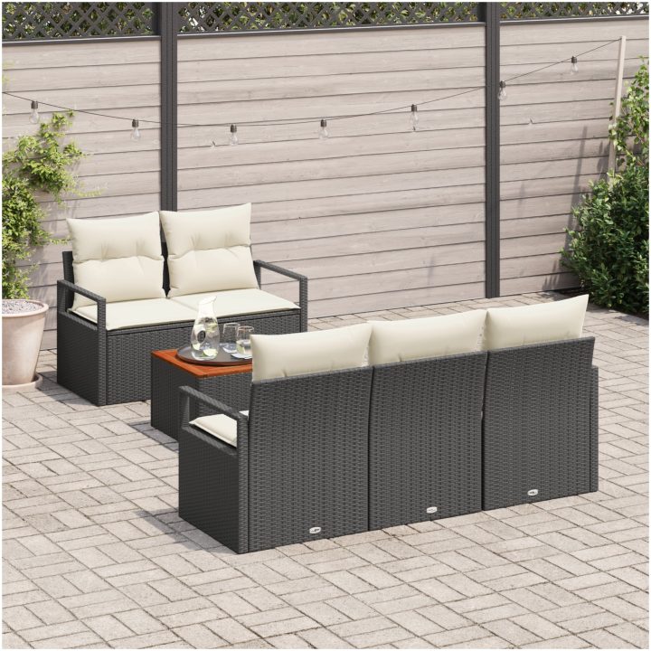 6 Delars Trädgårdsoffset med dynor Svart Poly Rattan Akacia vidaXL Standard – bild 3