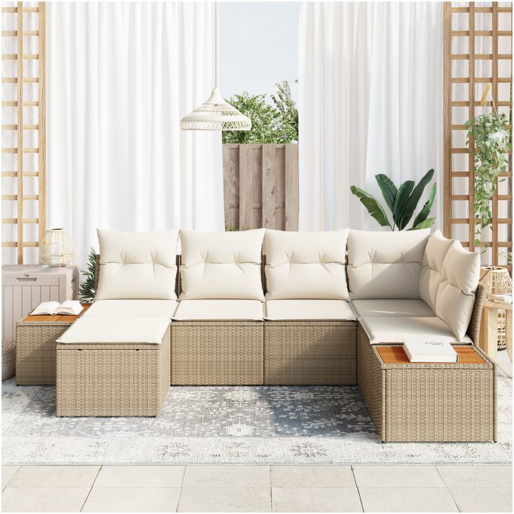 6 Delars Trädgårdsoffset med Kuddar Beige Poly Rattan Akacia vidaXL 264 x 154 x 69 cm – bild 3