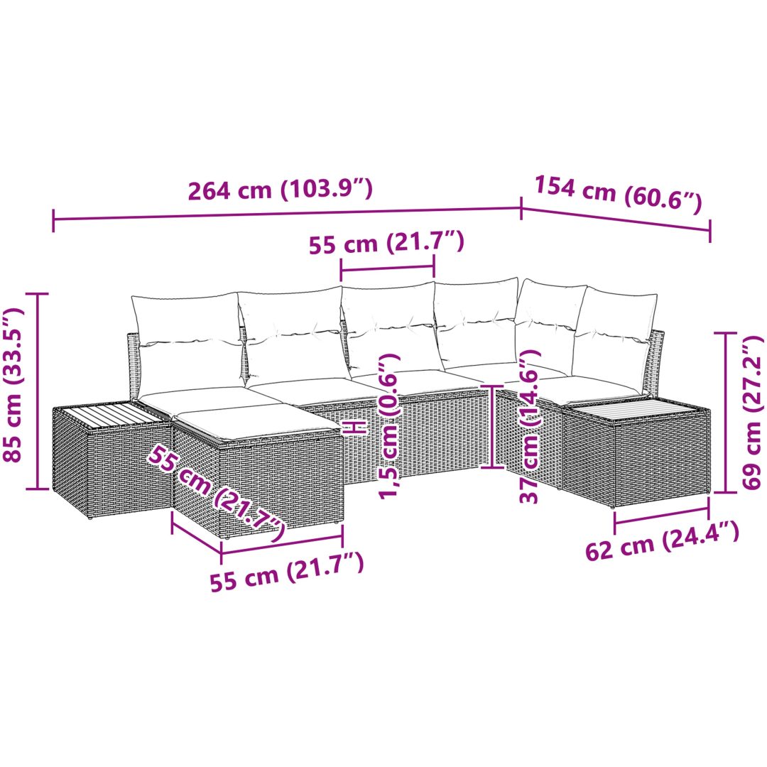6 Delars Trädgårdsoffset med Kuddar Beige Poly Rattan Akacia vidaXL 264 x 154 x 69 cm – bild 9