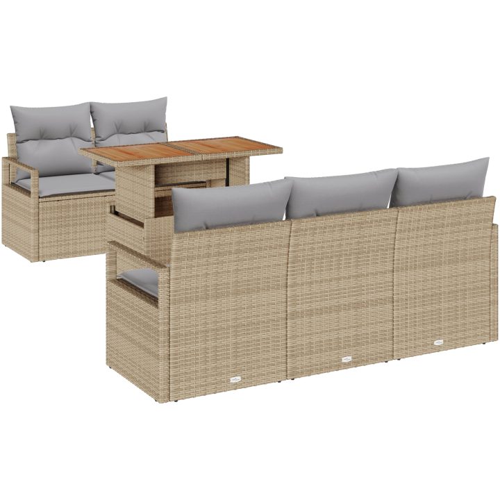 6-delars trädgårdsoffset med kuddar beige poly-rattan akacia vidaXL Medium – bild 2