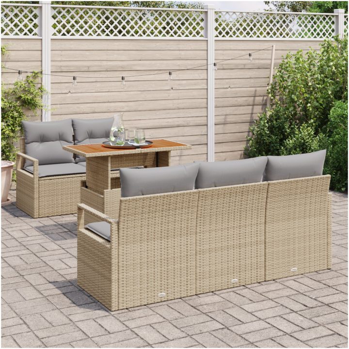 6-delars trädgårdsoffset med kuddar beige poly-rattan akacia vidaXL Medium – bild 3