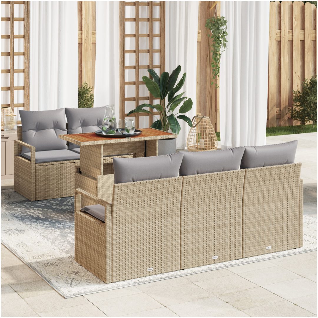 6-delars trädgårdsoffset med kuddar beige poly-rattan akacia vidaXL Medium