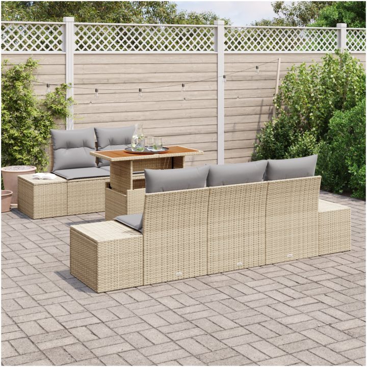 6-delars trädgårdsoffset med kuddar, beige poly-rattan vidaXL 100 x 55 x 73 cm – bild 3