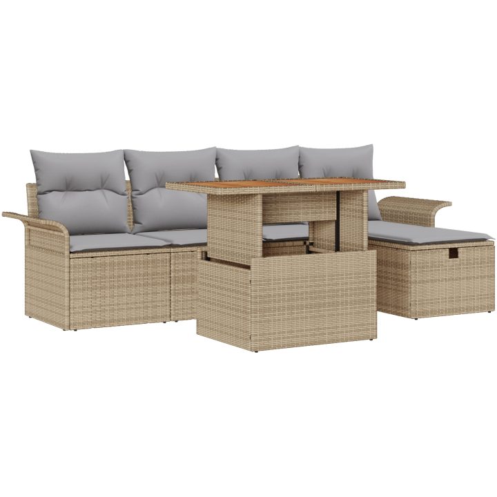 6-delars trädgårdsoffset med kuddar, beige poly rattan vidaXL Medium – bild 2