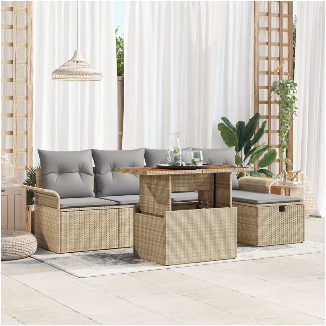 6-delars trädgårdsoffset med kuddar, beige poly rattan vidaXL Medium