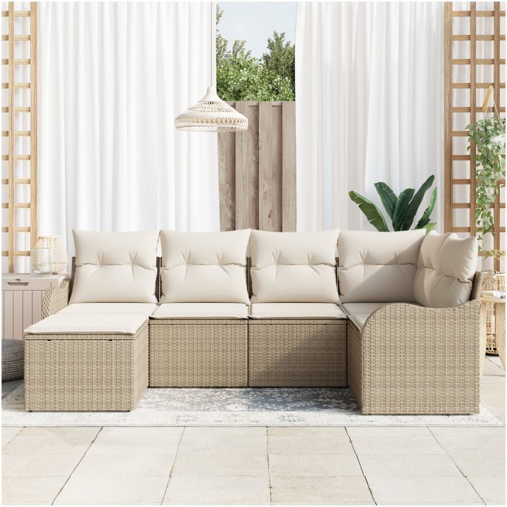 6 Delars Trädgårdsoffset med Kuddar Beige Poly Rotting vidaXL Medium – bild 3