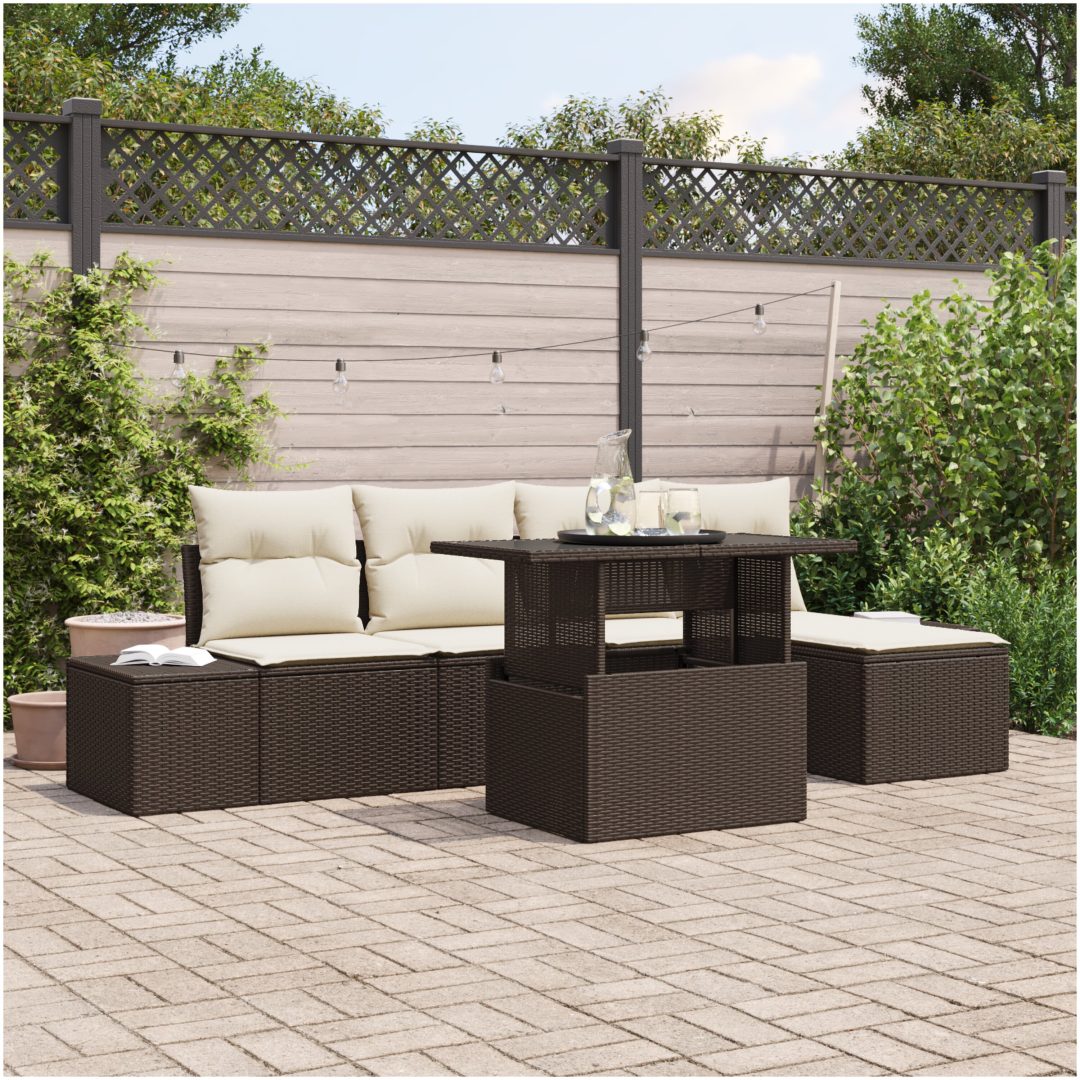 6 Delars Trädgårdsoffset med Kuddar, Brun Poly Rattan vidaXL 100 x 55 x 73 cm