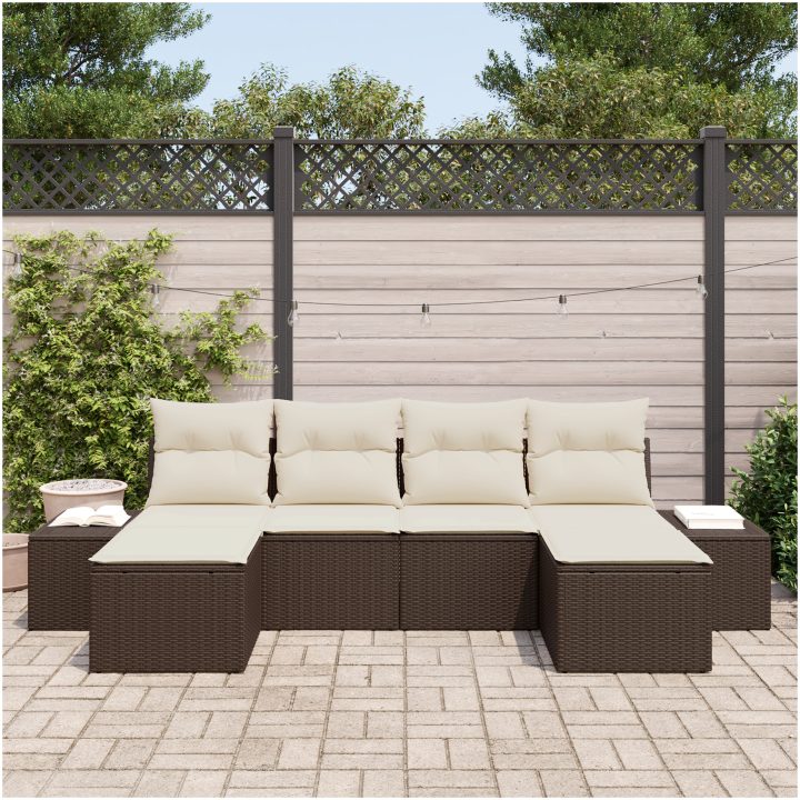 6-delars trädgårdsoffset med kuddar brun poly-rattan vidaXL 184 x 62 x 85 cm – bild 3