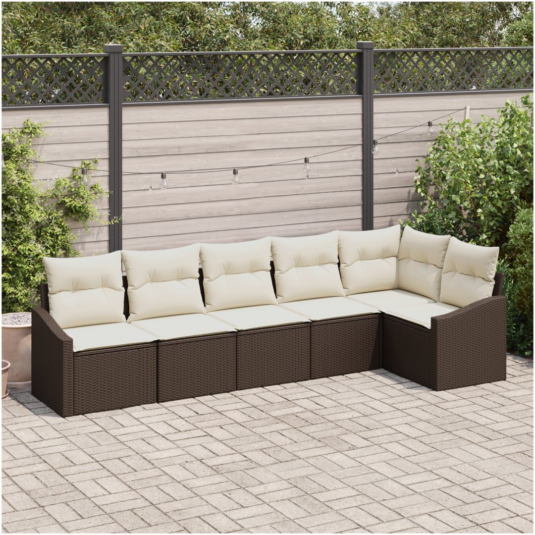 6 delars trädgårdsoffset med kuddar brun poly rattan vidaXL 288.5 x 123.5 x 85 cm