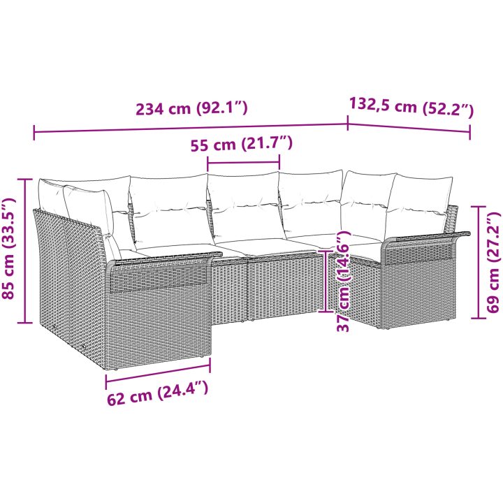 6-delars trädgårdsoffset med kuddar brun polyrotting vidaXL 234 x 132.5 x 85 cm – bild 11