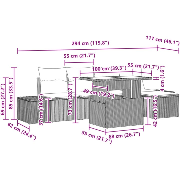 6 Delars Trädgårdsoffset med Kuddar Grå Poly Rattan vidaXL 100 x 55 x 73 cm – bild 11