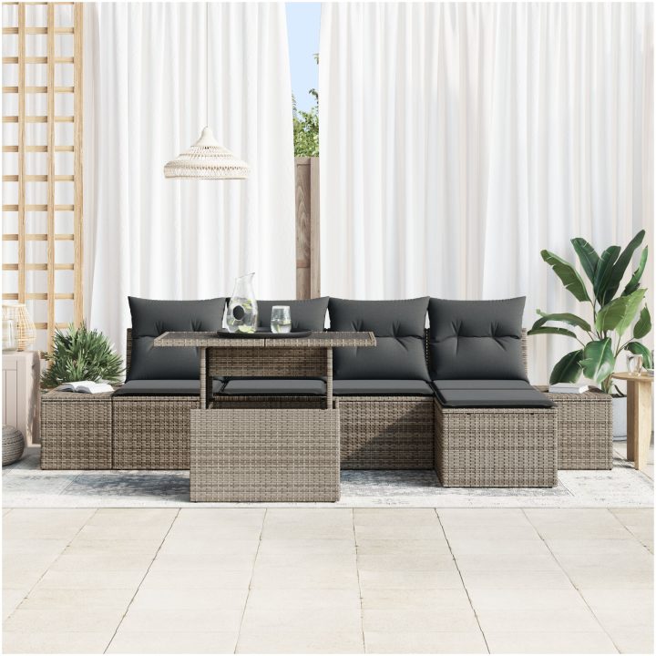6 Delars Trädgårdsoffset med Kuddar Grå Poly Rattan vidaXL 100 x 55 x 73 cm – bild 3