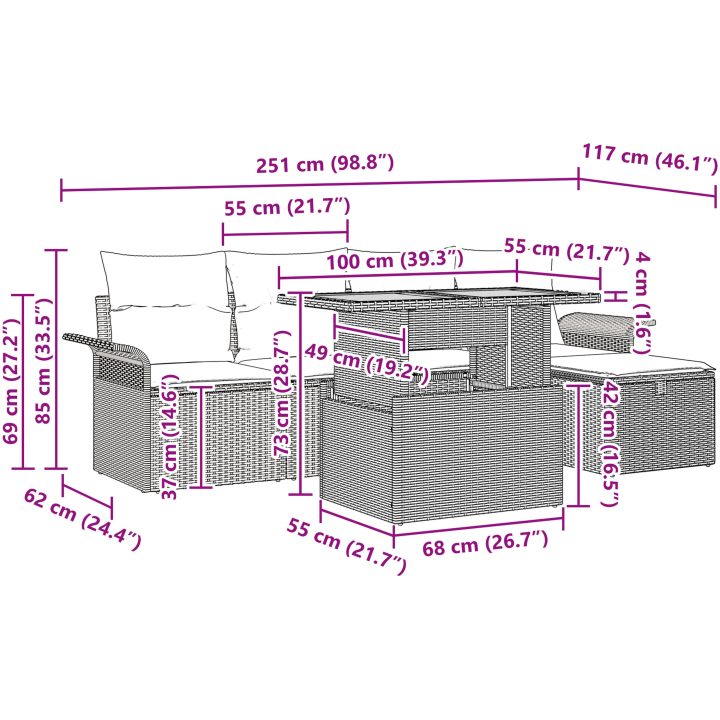 6-delars trädgårdsoffset med kuddar Grå Poly Rattan vidaXL 100 x 55 x 73 cm – bild 12