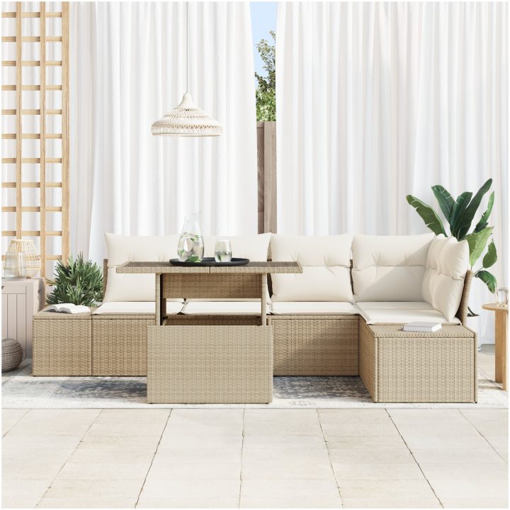6-delars trädgårdsoffset med kuddar i beige poly konstrotting vidaXL 100 x 55 x 73 cm – bild 3