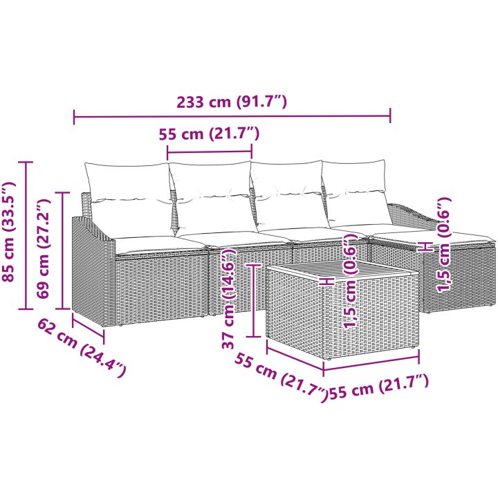 6-delars trädgårdsoffset med kuddar i beige poly rattan och akacia vidaXL 55 x 55 x 37 cm – bild 9