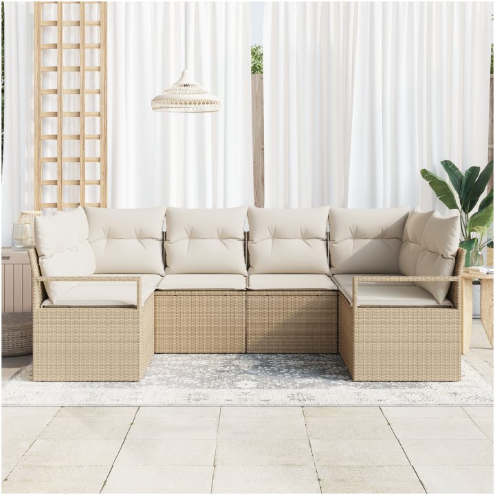6-delars Trädgårdsoffset med Kuddar i Beige Poly Rattan vidaXL Stor – bild 3