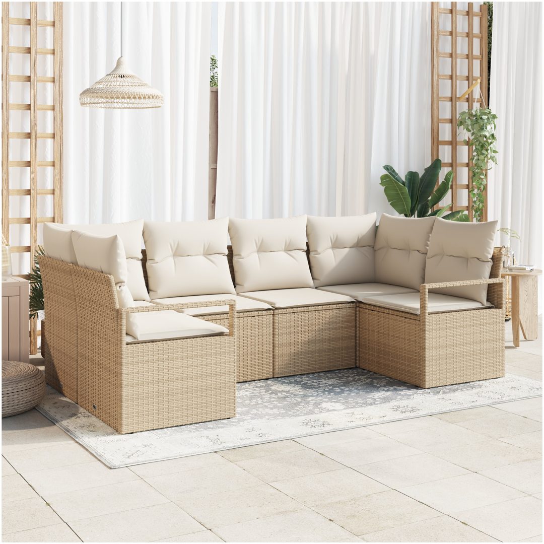 6-delars Trädgårdsoffset med Kuddar i Beige Poly Rattan vidaXL Stor