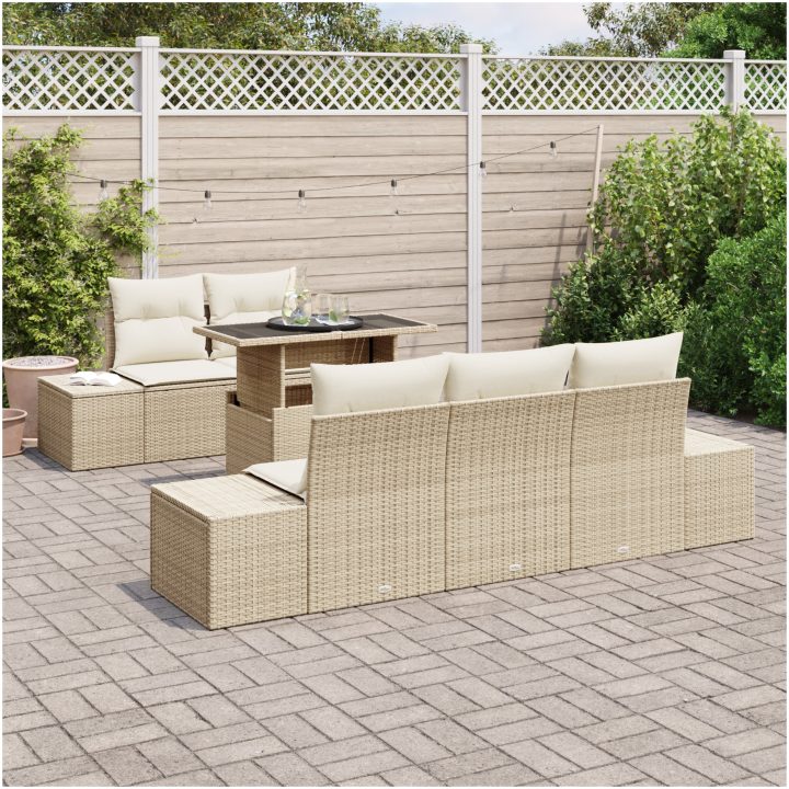 6-delars trädgårdsoffset med kuddar i beige polyrotting vidaXL 100 x 55 x 73 cm – bild 3