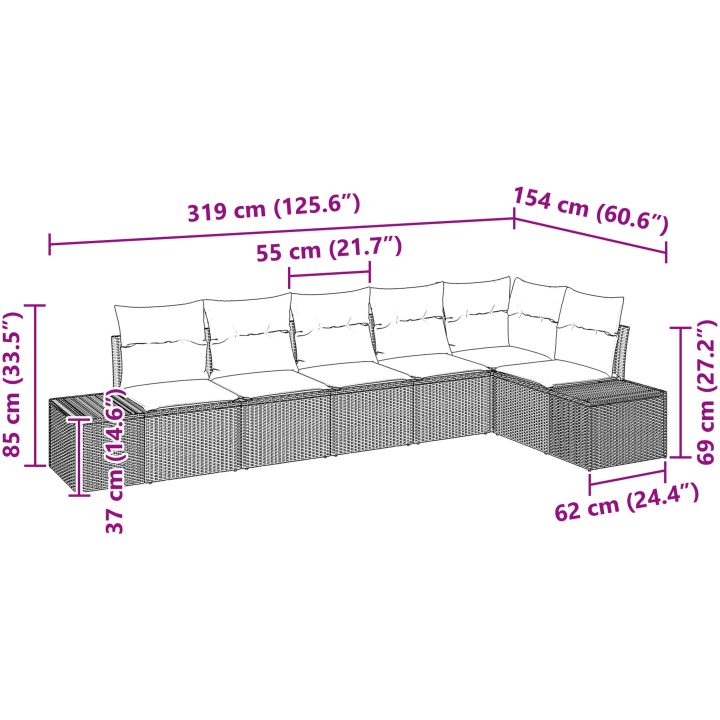 6-delars trädgårdsoffset med kuddar i brun polyester och rattan vidaXL 319 x 154 x 85 cm – bild 12